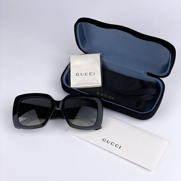 New GUCCI GG0141SN 001 Black Gold Logo Gray Gradient Square Women Sunglasses - Picture 11 of 13
